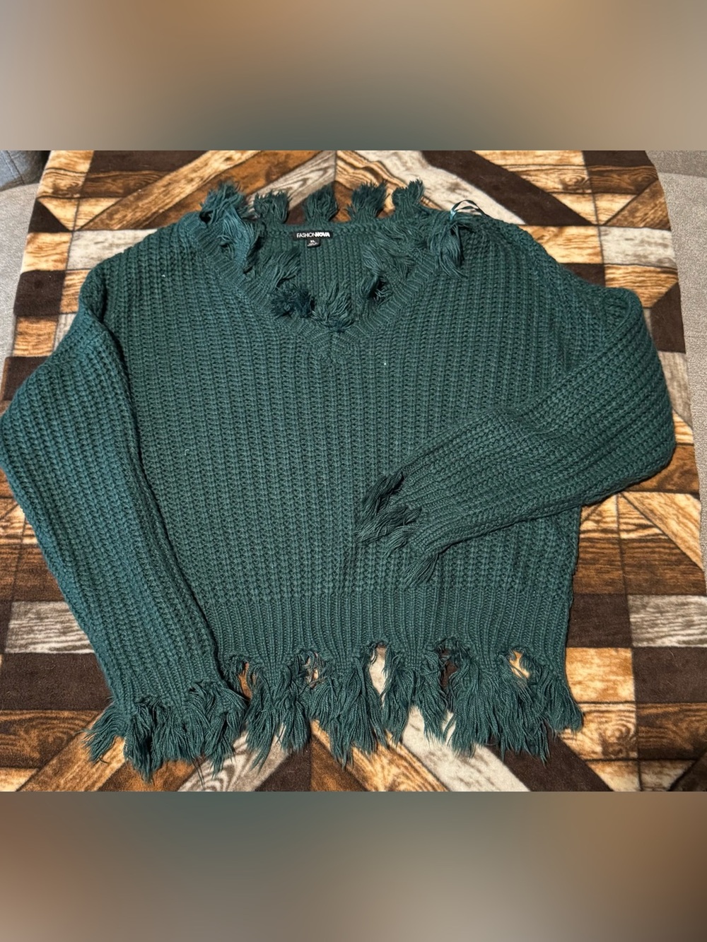 Fashion Nova Dark Green Distressed Fringe V-Neck Sweater